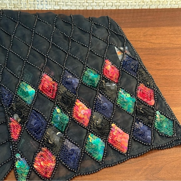 🌟HP🌟VTG 1996 Liz Claiborne Black Micro Bead & Harlequin Pattern Sequin Scarf - Picture 7 of 9
